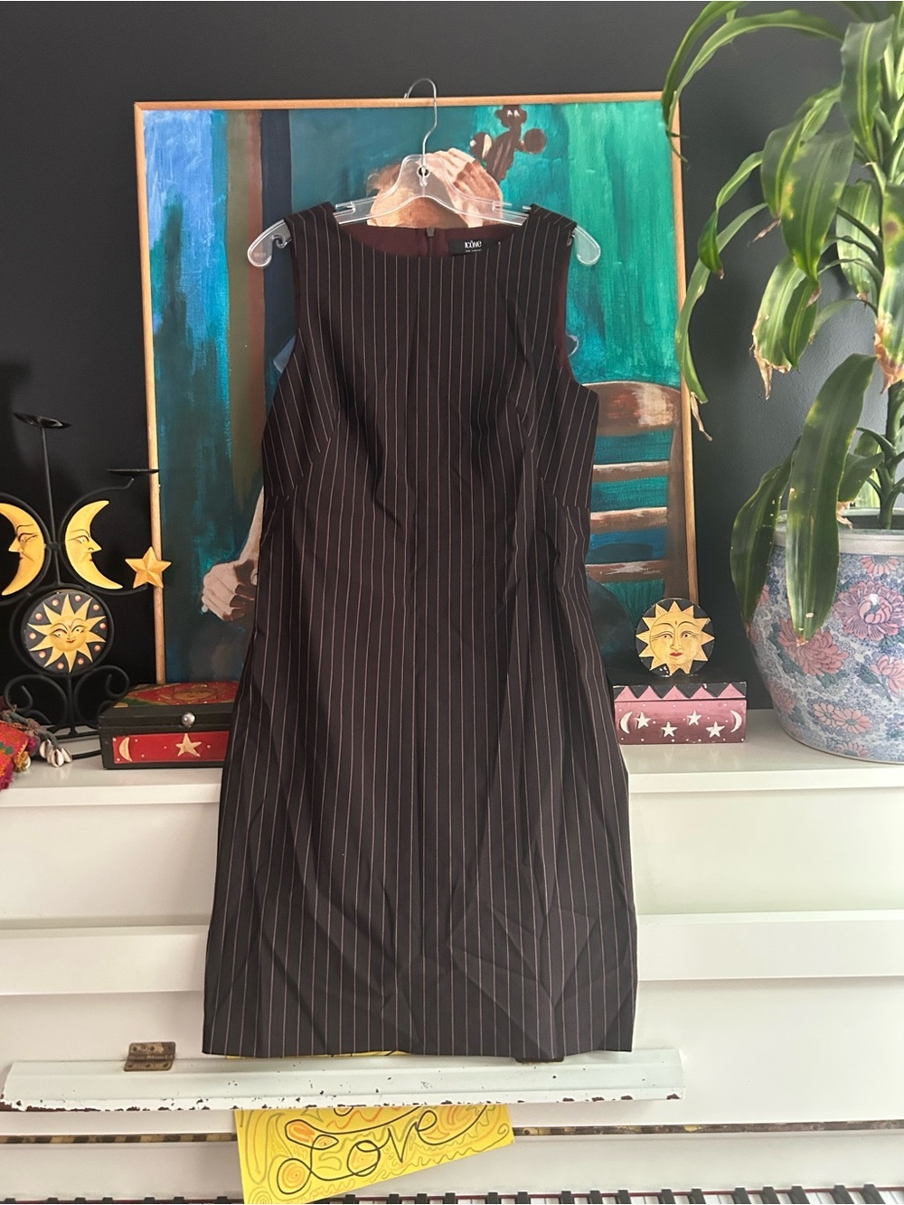 Icône Simons Brown Pinstripe Sheath Dress Sleeveless Career Women’s Size M